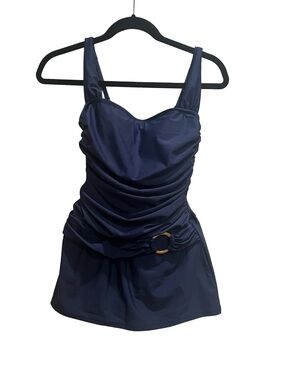 NWT Into the Bleu Navy  Ruched One-Piece Swim-dress with Belt Accent